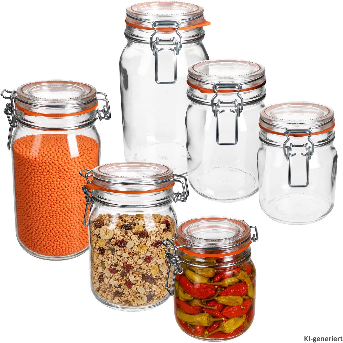 6-delige set ODIN-inmaakpotten met beugelsluiting: 2x 0,75 l, 2x 1 l en 2x 1,5 l