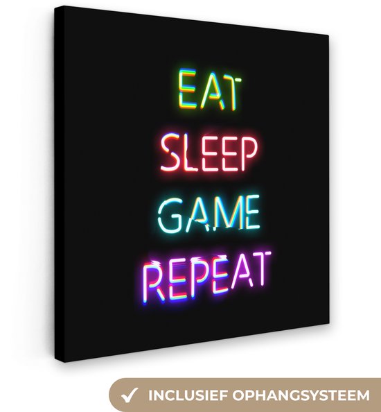 Canvas met neonletters die 'EAT SLEEP GAME REPEAT' zeggen in regenboogkleuren op een zwarte achtergrond. Inclusief ophangsysteem.