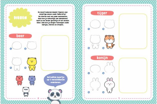 Binnenpagina van 'Kawaii Tekenen' met tekeninstructies voor dieren: tijger, beer, konijn.