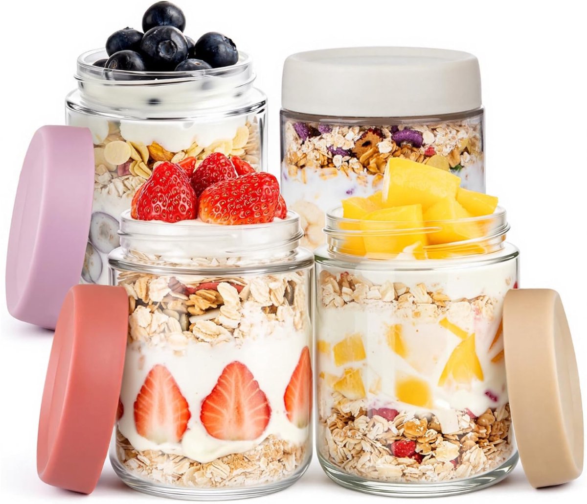 SNJY® Overnight Oats Potjes - Glazen Potjes met Deksel - Mason Jar - Weckpot - 4-Pack 500ml/16oz - Transparant