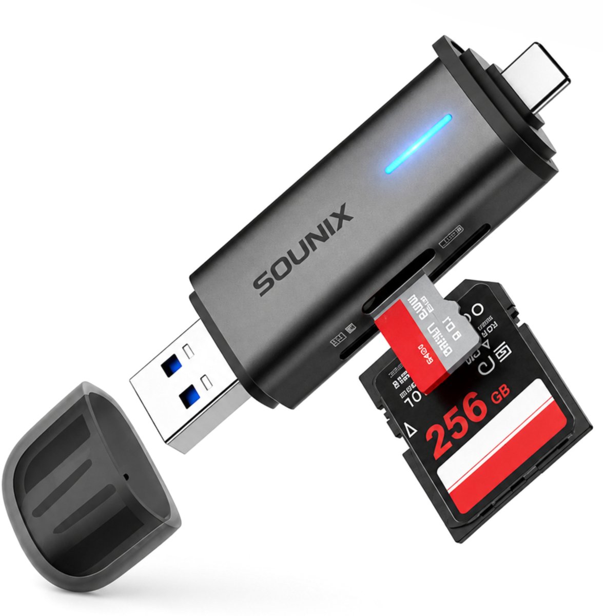 Sounix SD Kaart lezer 2 in 1 - USB 3.0 Card Reader - OTG Kaartlezer - Met LED indicatoren - High Speed Cardreader voor SD/Micro SD - Zwart