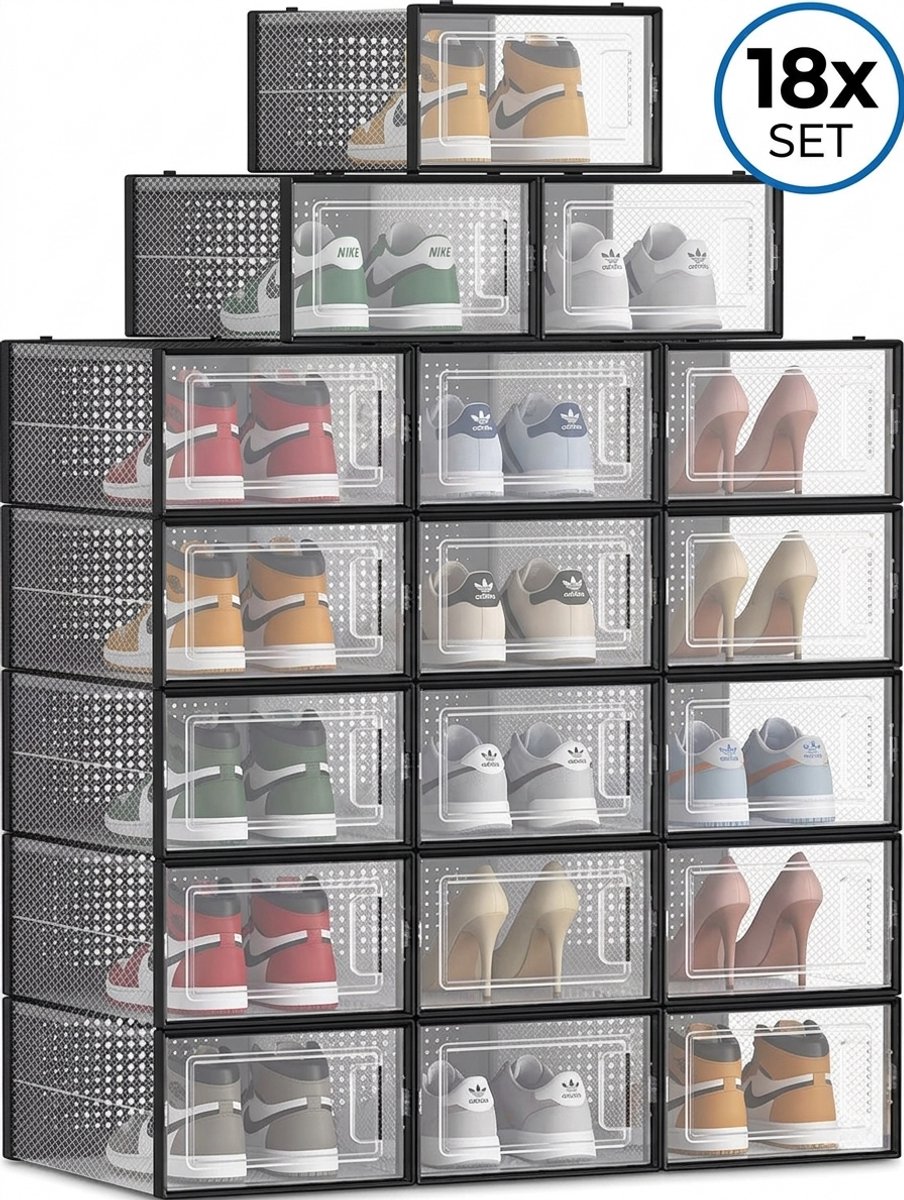 Bobbel Home Schoendozen set van 18 - Opbergdozen voor schoenen - Schoen organizer - Tot maat 45 - Transparant zwart