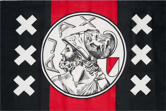 Ajax-vlag met wit Andreaskruis, rood met witte 'AX' en portret van een man met helm.