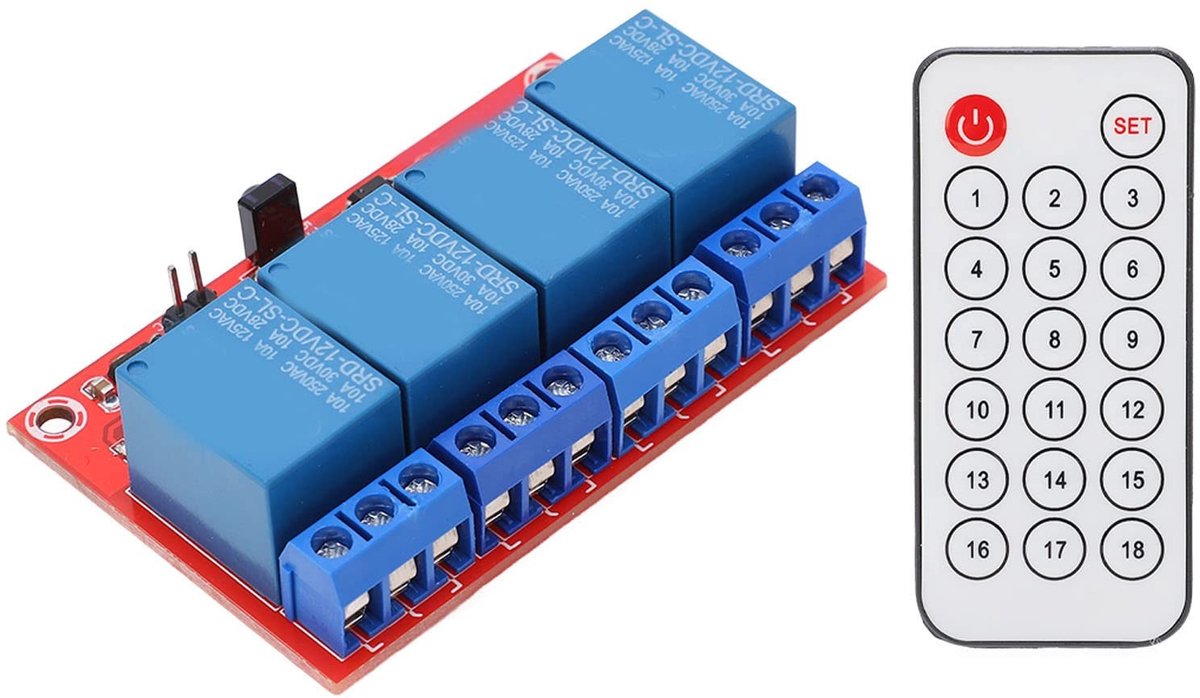 Dailygoods - Dailygoody - Infrarood Relaismodule - 4-kanaals set - met afstandsbediening - 12V - voor automatisering - geschikt voor projecten - elektronica