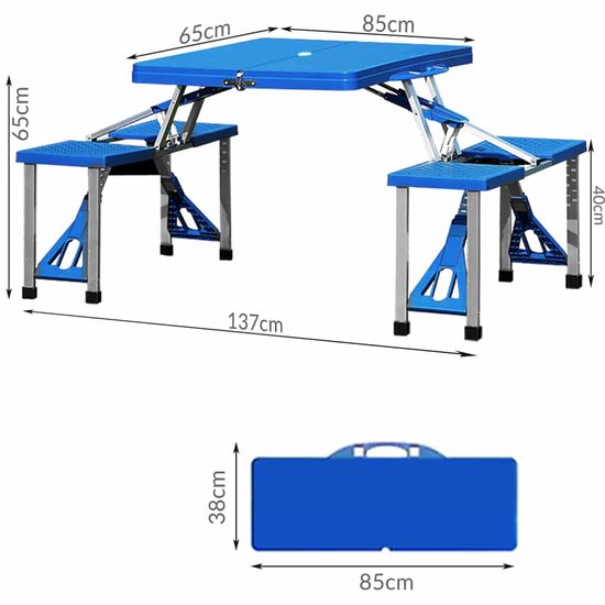 Blauwe, inklapbare campingtafel met twee bankjes, inclusief afmetingen.