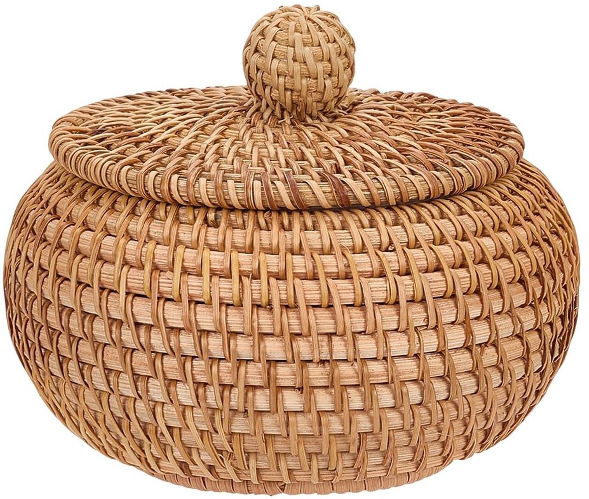 Dailygoods - Dailygoody - Ronde Rieten Mand met Deksel - Decoratieve Opbergbox voor Thuis - 14x7cm - Opbergruimte - Multifunctioneel - Geschikt voor Huishoudelijk ...