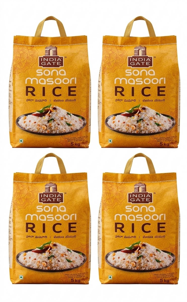 India Gate Sona Masoori Rijst 4 X 5 kg – Zuid-Indiase Specialiteit | Aromatische Kortkorrel Non-Basmati Rijst | Licht, Zacht & Perfect voor Dagelijks Gebruik | Ideaal voor Zuid- en Zuidoost-Aziatische Gerechten met Kajal Sticker