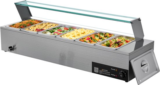 Commerciële Voedselverwarmer (6 X 1/3 Formaat Bakken), 1,5 KW Elektrische Roestvrijstalen Verwarmer met Glazen Deksel en Lepel, Warmhoudapparaat voor Catering, Horeca en Evenementen — afbeelding 2