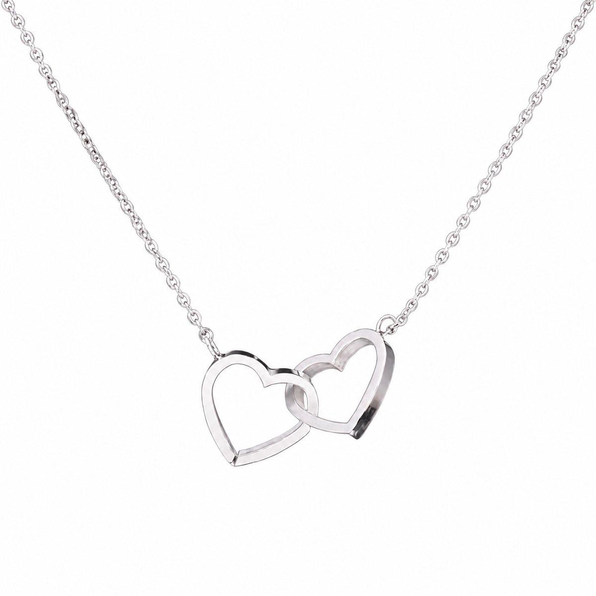 Engravia by Derya – Dames Ketting – Stainless Steel Zilverkleurig – Dubbele Open Hartjes Ketting – Minimalistische Liefdes Ketting – Elegant Cadeau voor Haar
