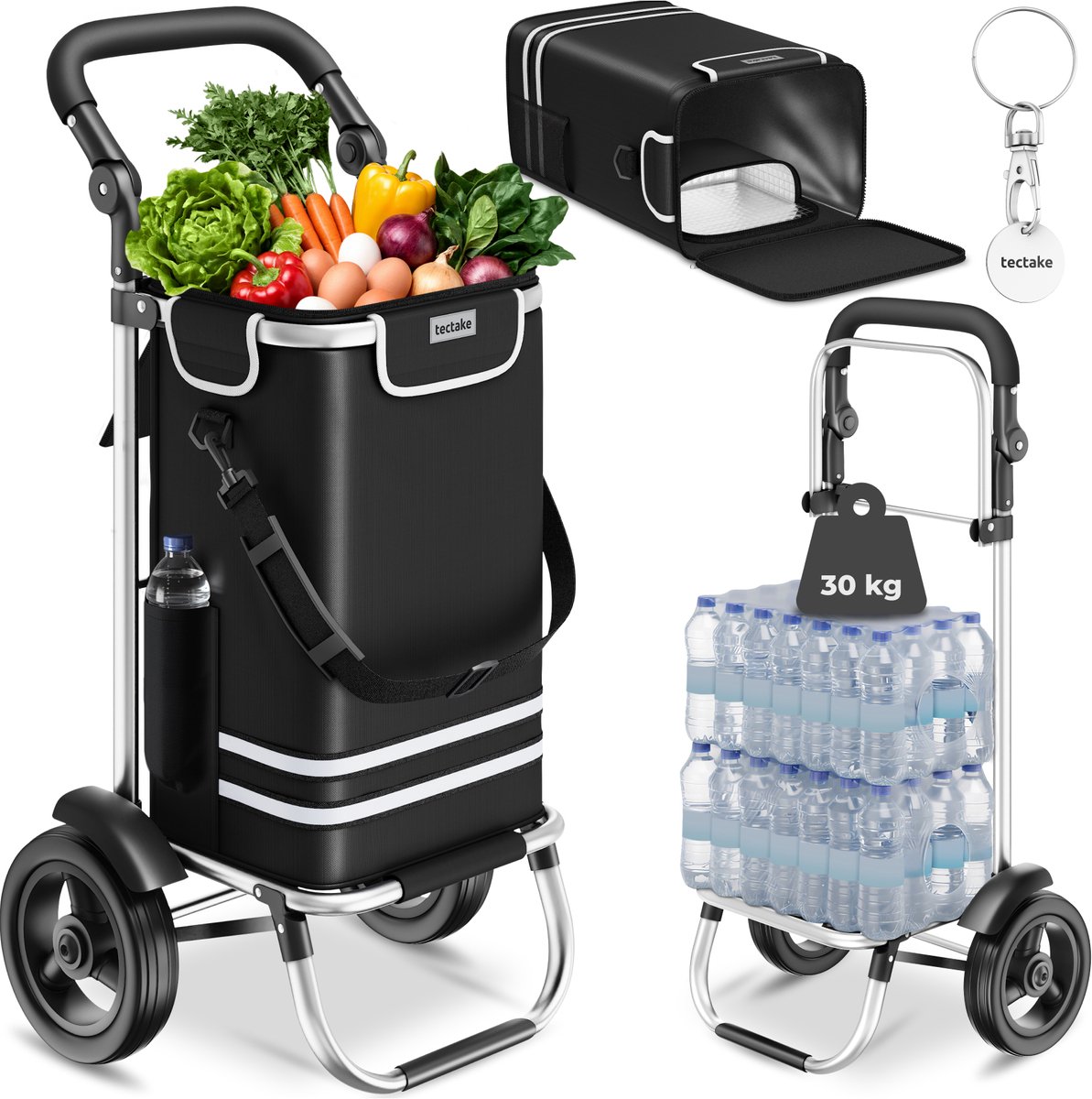 tectake® 3-in-1 Boodschappentrolley met Koelvak - Opvouwbaar - 45,5L Inhoud - Boodschappenwagen - Boodschappenkar - Ook als Steekwagen en Boodschappentas - Met Sleutelhanger en Winkelwagenmunt - Zwart