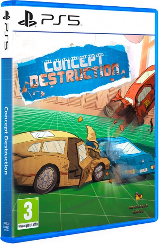 Playstation 5 game 'Concept Destruction' met een gele bus en blauwe auto die op elkaar botsen, met op de achtergrond een rode auto.