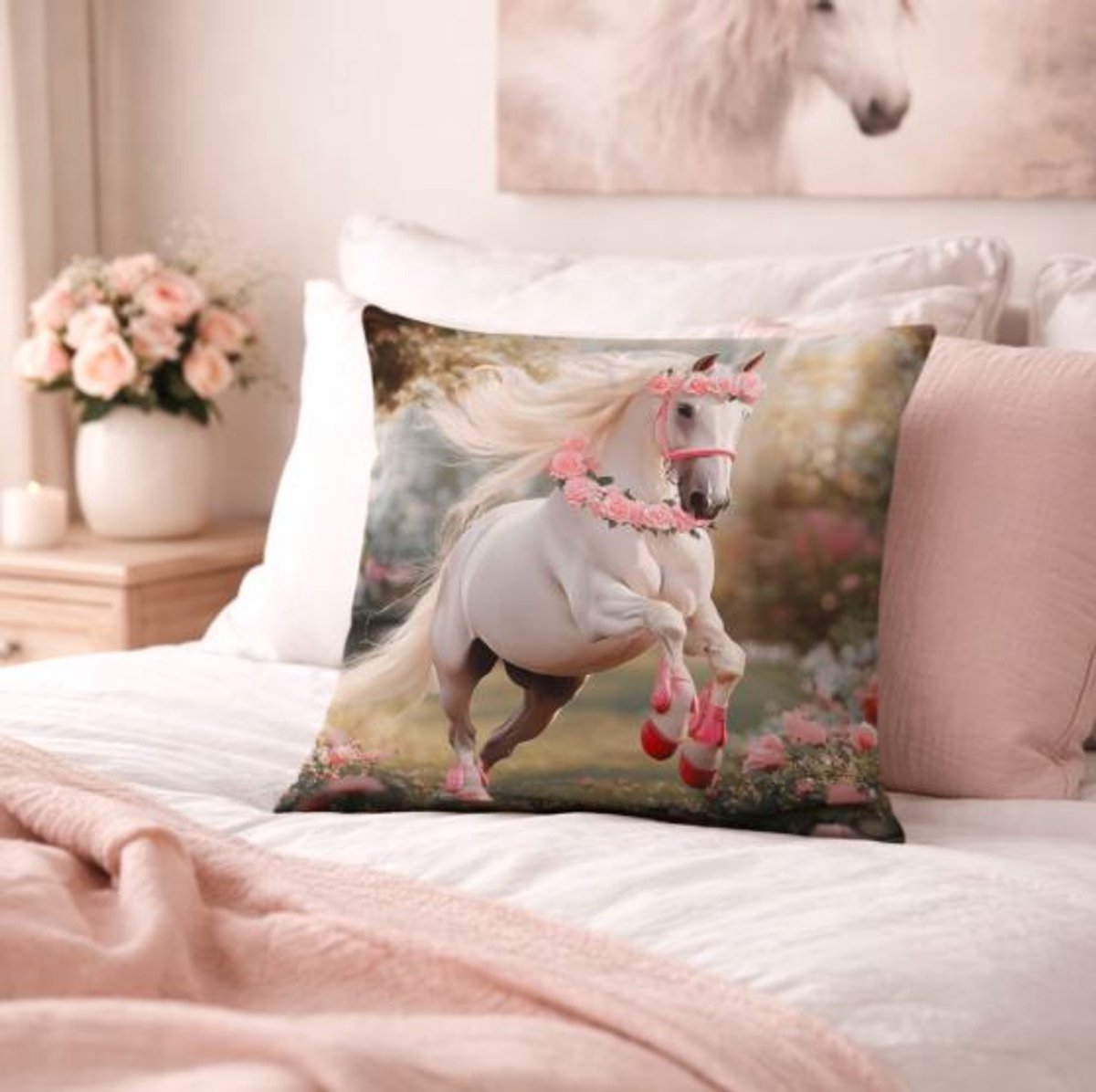 Rose Meadow Collection Kussenhoes - Wit Paard - 45x45 cm