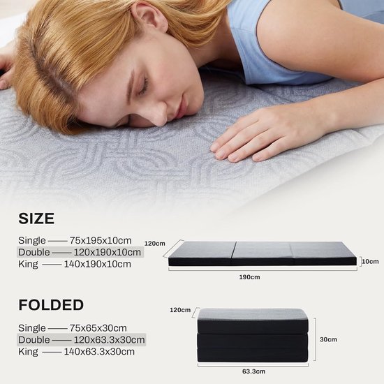Opvouwbare Matras - Vouwmatras Logeren - Ruimtebesparend Slapen - Wasbare Hoes - 120 x 190 cm - Grijs zwart — afbeelding 3