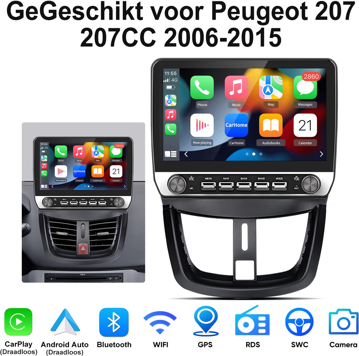 Junsun Android 15 Autoradio Geschikt voor Peugeot 207 207CC 2006-2015 , 2GB+64GB, Draadloze CarPlay & Andriod Auto, DAB+, GPS-Navigatie, WIFI, Bluetooth, RDS, FM, SWC, 10.1-inch Touchscreen, DSP, Quad-core processor