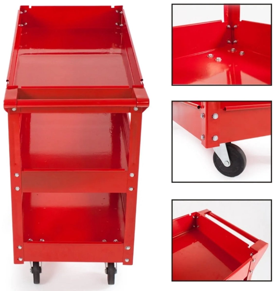 Sello! Gereedschapswagen – gereedschapskar – 3 opbergplateaus – vier zwenkwielen – open ontwerp – stalen constructie - rood