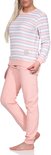 Damespyjama met lange mouwen en een ronde hals, met horizontale strepen in wit, grijs en roze. De broek is effen roze.