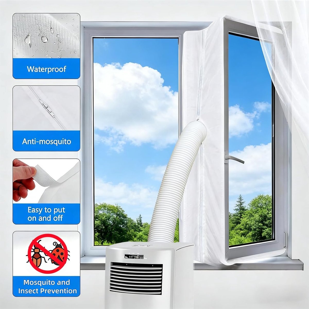 300cm Raamafdichting Voor Mobiele Airco | Raamafdichtingsstof Met Dubbele Ritssluiting | Universeel Voor Schuiframen En Draairamen | Luchtdicht Energiebesparend | Eenvoudig Te Installeren Zonder Boren | Waterdicht Weerbestendig| Cyslmuk® thumbnail 6