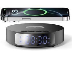 Inductielader – Draadloze Oplader met Digitale Wekker – Oplaadstation – Nachtkastje Wekker – 12/24-uurs Klok – LED-display – Zwart
