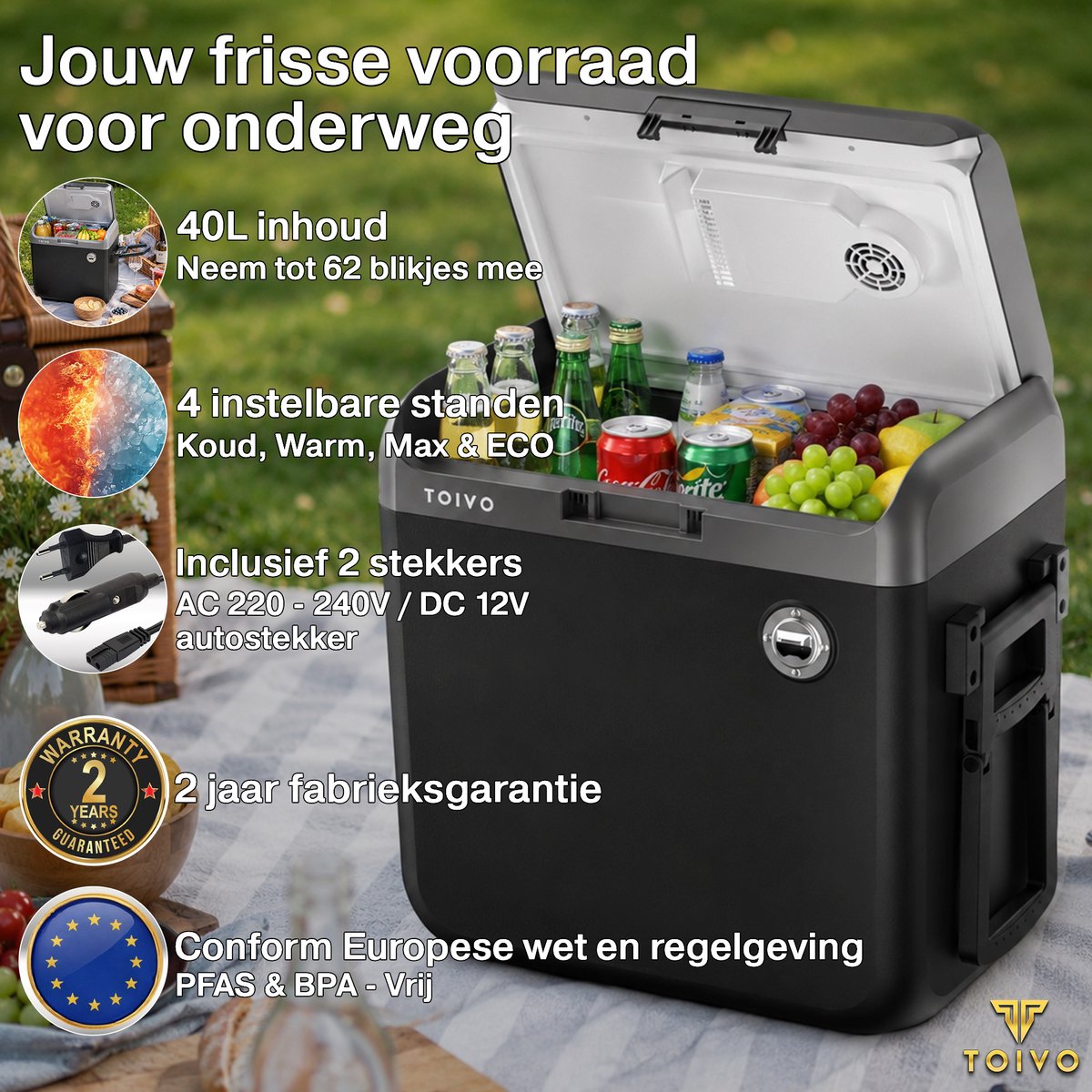 Toivo Elektrische Koelbox - 40 Liter - 12V en 230 volt - Auto - Camping Koelkast - Koelen en Verwarmen - Frigobox - Zwart – foto 2
