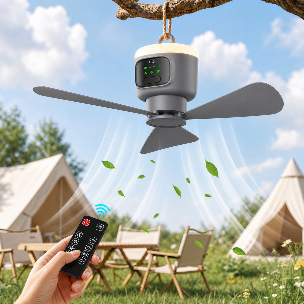 Mupoo Draagbare Camping Plafondventilator Met Led Verlichting -Ø 45cm- 12000mAh - Afstandsbediening- 4 Windsnelheden & Timer - Stille Dc Motor -