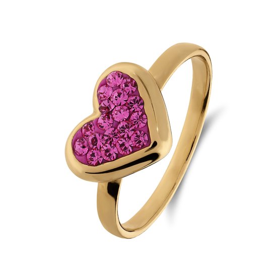 Gouden ring met een hartvormige zetting van roze kristallen.