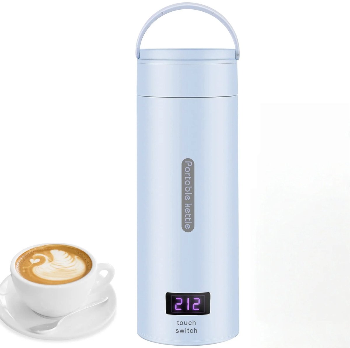 Novyro Living - mini waterkoker - draagbaar - thermische mok - elektrische reismok - roestvrijstaal - wit - met opbergzak
