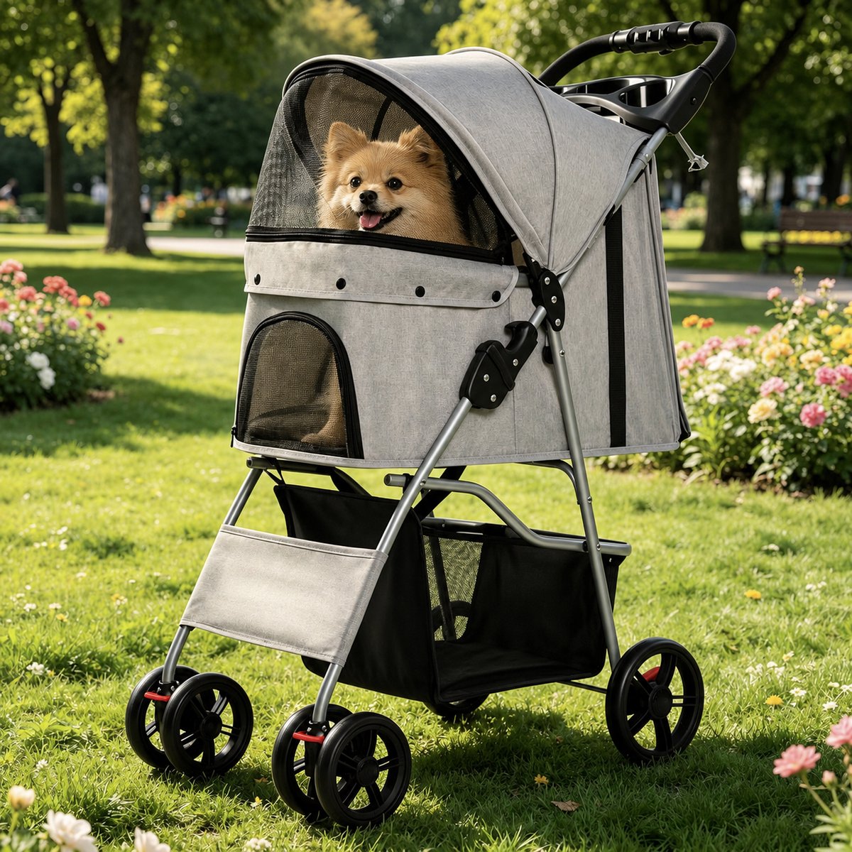 OODBLUE Hondenbuggy Opvouwbaar met Één Hand – Hondenwagen tot 15 kg – Inclusief Regenhoes – Lichtgewicht Aluminium Frame – Opbergmand, Veiligheidslijn, Rem & Bekerhouder – Grijs