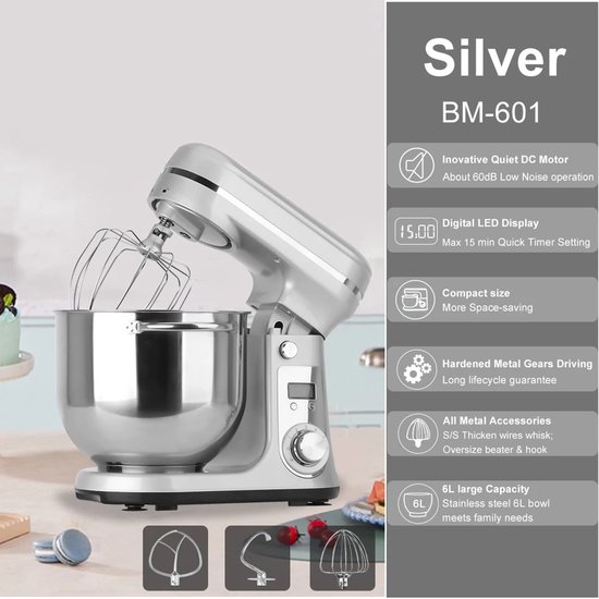 Lunekiss 6L keukenmixer met 1200W stille DC‑motor, 6 snelheden, LED‑timer, RVS mengkom en accessoires - Zilver van Merkloos — afbeelding 2