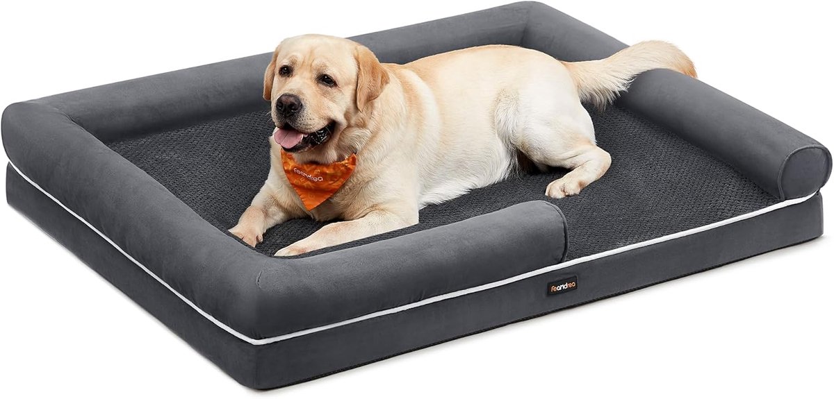 Feandrea Orthopedisch hondenbed, hondenkussen, hondenmand, zachte bekleding, hondenbank, verhoogde randen, afneembare en wasbare hoes, 135 x 107 x 23 cm, antislip onderkant, donkergrijs PGW079G01V1