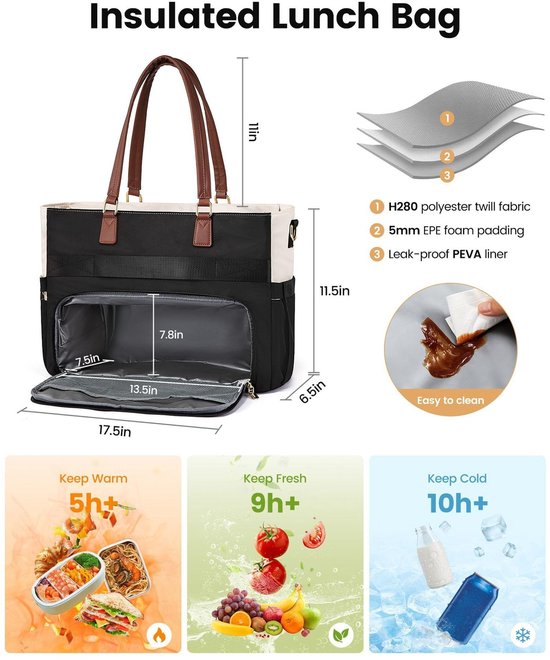 Lunchtas voor dames - lunchtas - handtas - koelkast tafelmodel - 2-in-1 geïsoleerd ontwerp - Laptoptas met apart lunchvak - Grote inhoud - Ontwerp met meerdere vakken - Geschikt voor 15,6-inch laptops —bruin — afbeelding 3