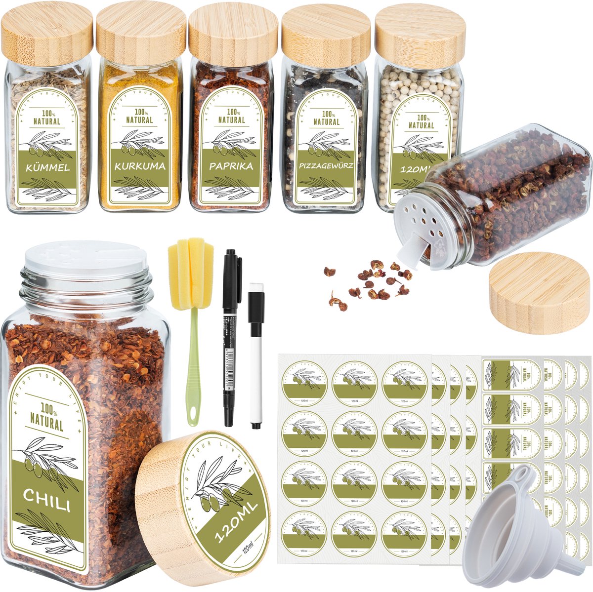 Soontrans 6 Glazen Kruidenpotjes Vierkant Met Houten Deksel - Kruidenpotjes Vierkant Set, Kruidenpotten Set 6x120ml, Kruidenpotjes Met Kruidenstrooier, Incl. Trechter, Reinigingsborstel, Pen, Stickers