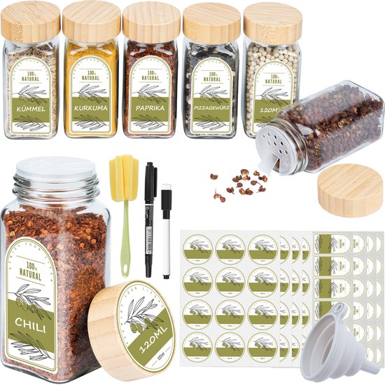 Set van 6 glazen kruidenpotjes met houten deksels, trechter, borstel, pen en stickers.