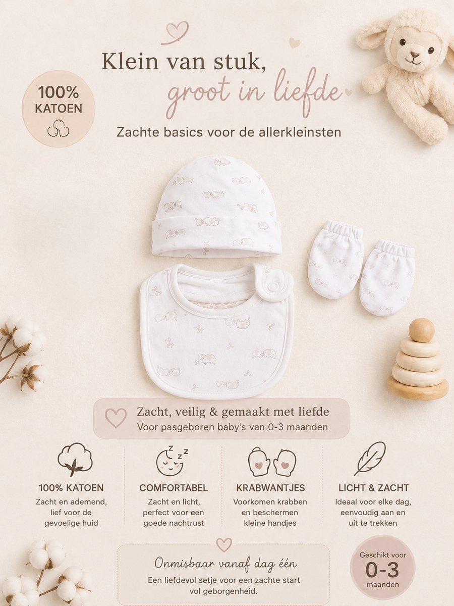 Blijeitje - Luxe 8-delige babycadeauset Mintgroen – Kraamcadeau Jongen - Babyshower & Gender Reveal Cadeau Giftset – Tutpop ollie, Konijn Rammelaar, Babymutsje, Shirtje, Broekje, Slabbetje & Slofjes - Neutraal Olifant Design – foto 6