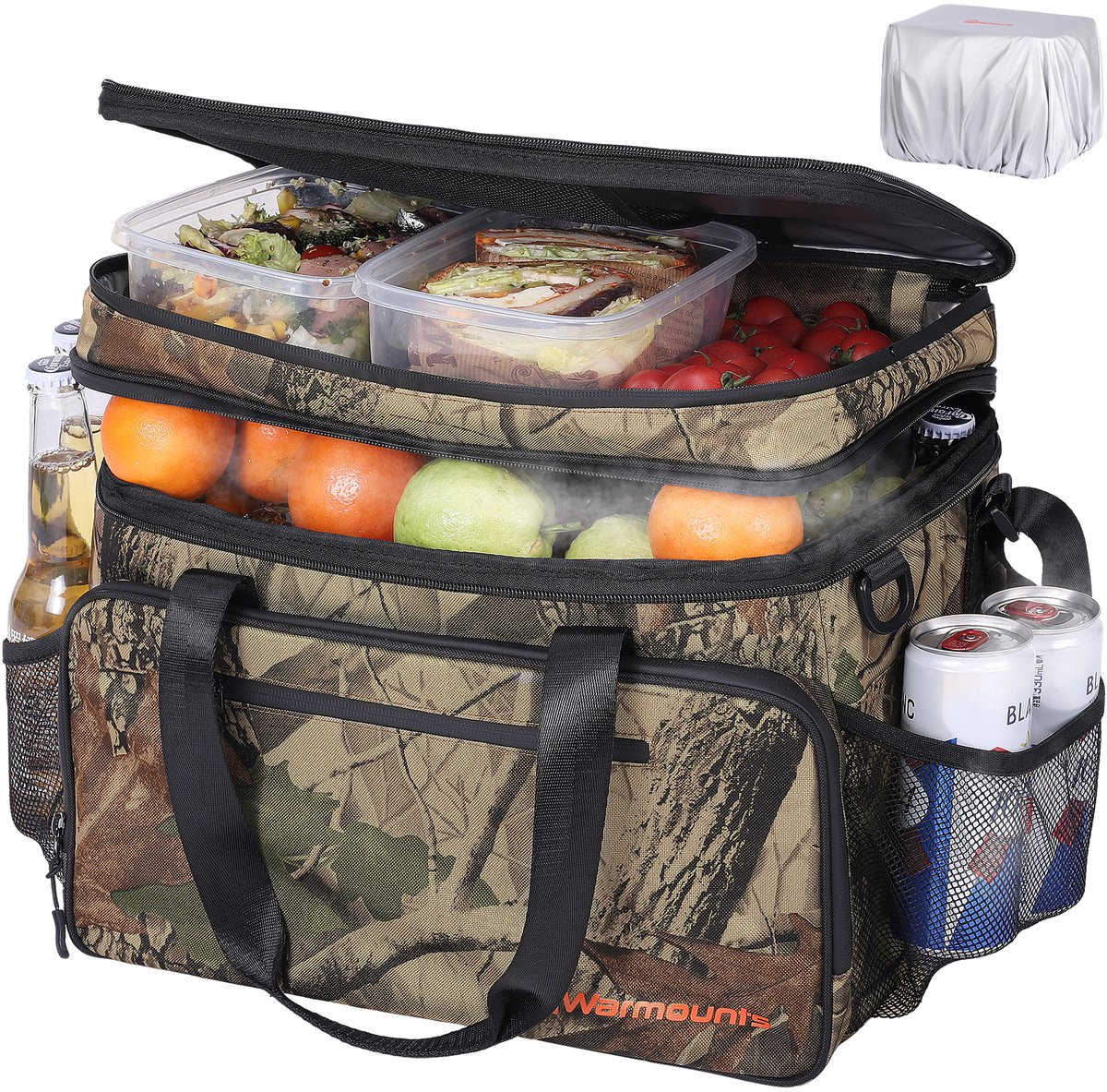 WARMOUNTS Koeltas 28L – Geïsoleerde Koeltas voor 48 Blikjes, 2 Vakken, Lekvrij met Deksel, Opvouwbare Koelbox Tas voor Camping, Wandelen, Picknick en Strand, 38 x 30 x 25 cm