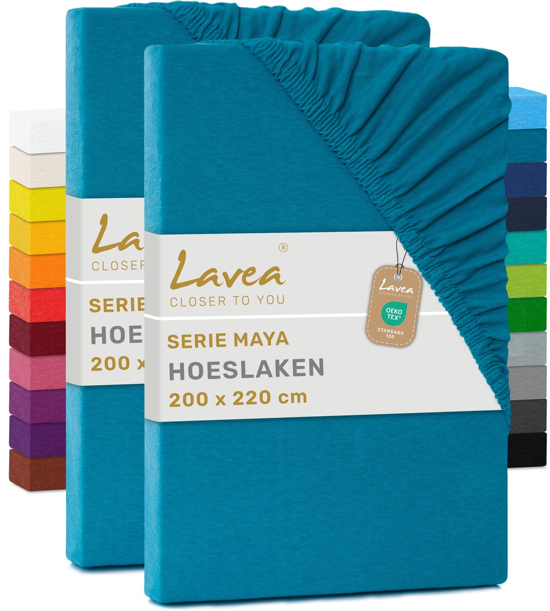 Lavea® Set van 2 Hoeslakens 200x220 cm – 100% Zacht en Ademend Katoen – voor Dikke Matrassen tot 35 cm – Jersey met Elastiek rondom – Aquamarijn