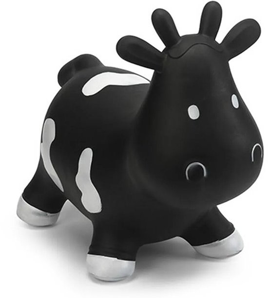 Zwarte skippykoe met witte vlekken en zilverkleurige hoefjes.