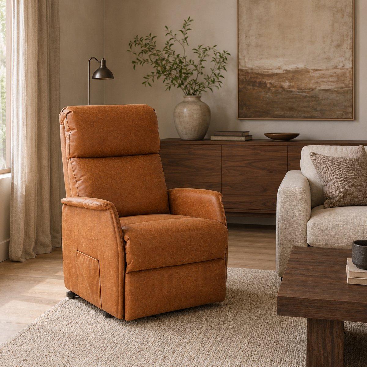 Opsta Fauteuil Olivia - Micro Leder - Elektrisch Verstelbaar - Sta-op Stoel - 1 Motor - Netstroom - Cognac