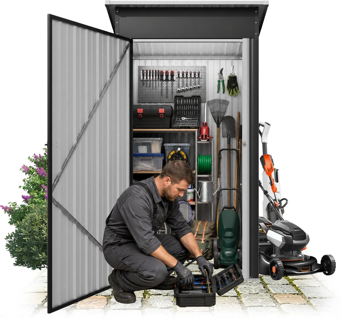 ACXIN Metalen Tuinhuis - Weerbestendige Gereedschapsschuur - Schuin Dak & Ventilatie - Afsluitbare Tuinopslag - 108x91x185 cm - Zwart