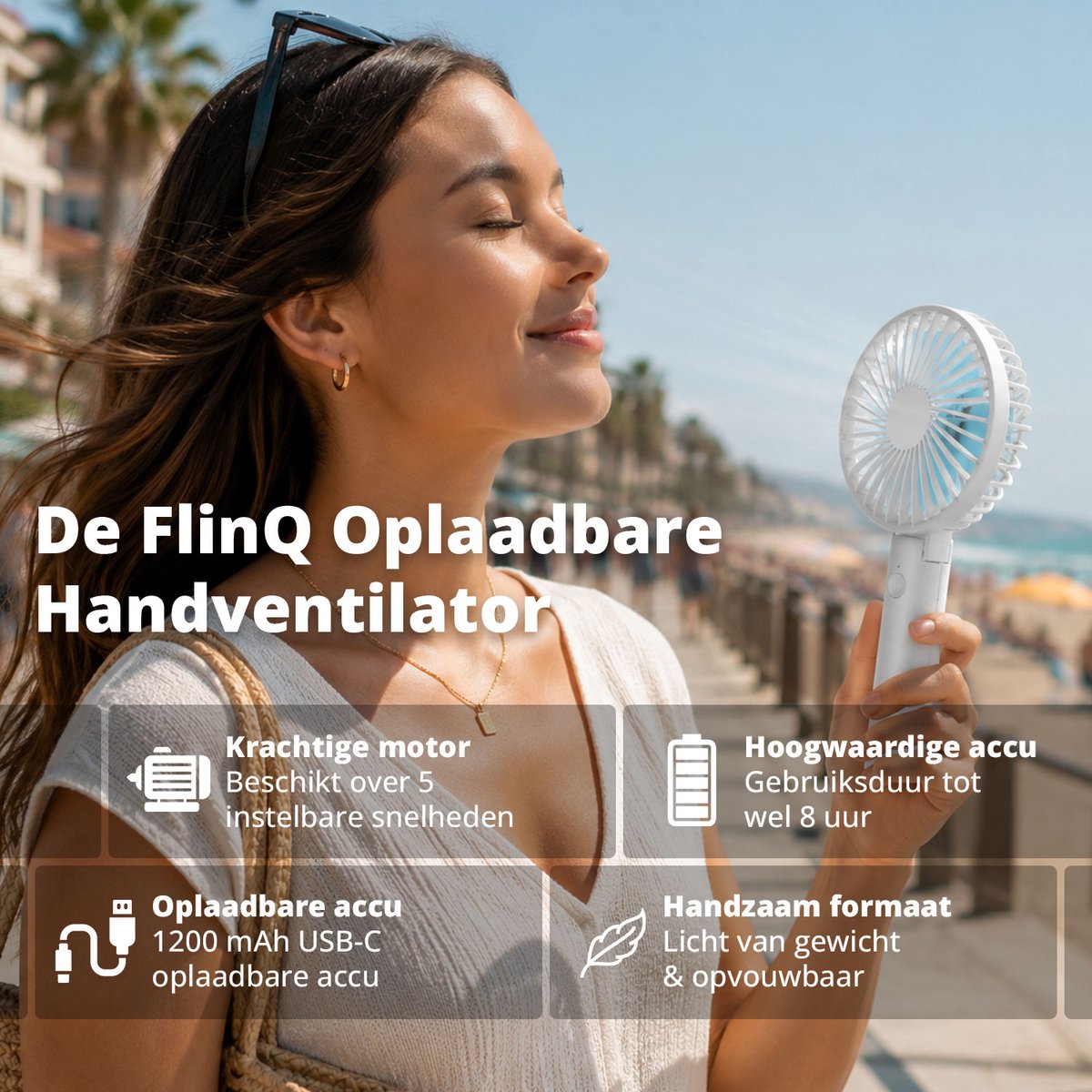 FlinQ Handventilator - Draagbare Ventilator - Mini Fan Oplaadbaar - Kleine Portable Ventilator met USB - Draadloze Tafelventilator - Wit / Blauw — afbeelding 2