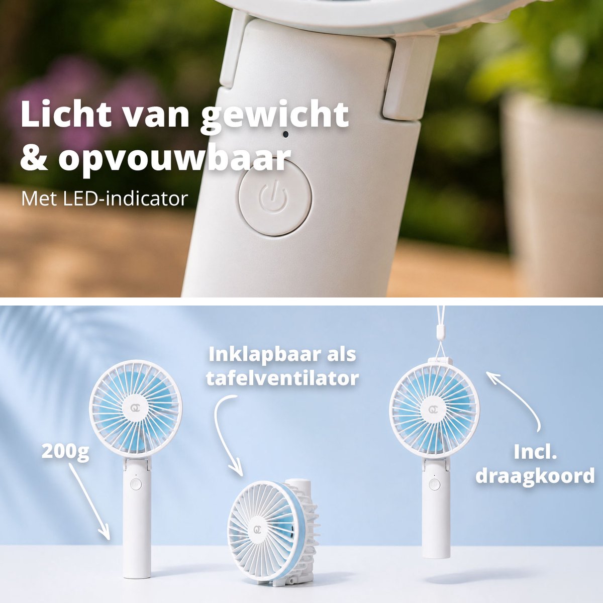 FlinQ Handventilator - Draagbare Ventilator - Mini Fan Oplaadbaar - Kleine Portable Ventilator met USB - Draadloze Tafelventilator - Wit / Blauw — afbeelding 8