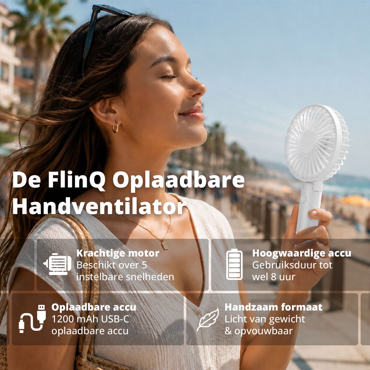 FlinQ Handventilator - Draagbare Ventilator - Mini Fan Oplaadbaar - Kleine Portable Ventilator met USB - Draadloze Tafelventilator - Wit — afbeelding 5