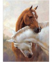 Een gedetailleerde diamond painting van twee paarden die elkaar omhelzen.