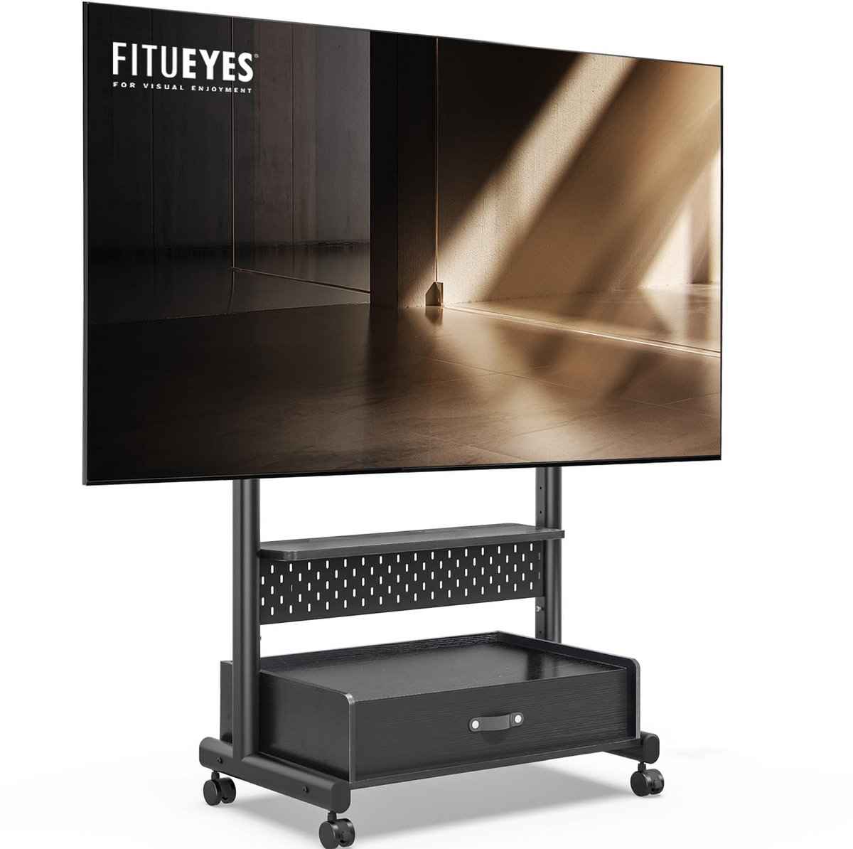 FITUEYES Tv-standaard, oprolbaar, in hoogte verstelbaar, televisiestandaard met wieltjes, lade, plank, gatenwand, houten tv-vloerstandaard, voor 40-85 inch televisie tot 60 kg, max. VESA 600 x 400 mm