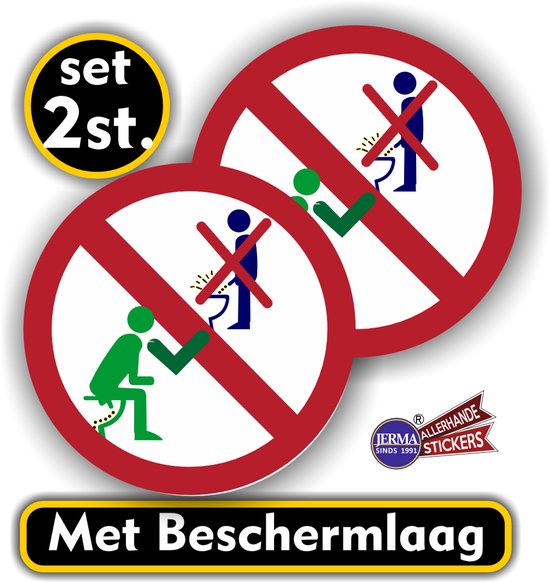 Set van twee ronde stickers met waarschuwing, zittend plassen toegestaan, staand plassen niet. Met beschermlaag.
