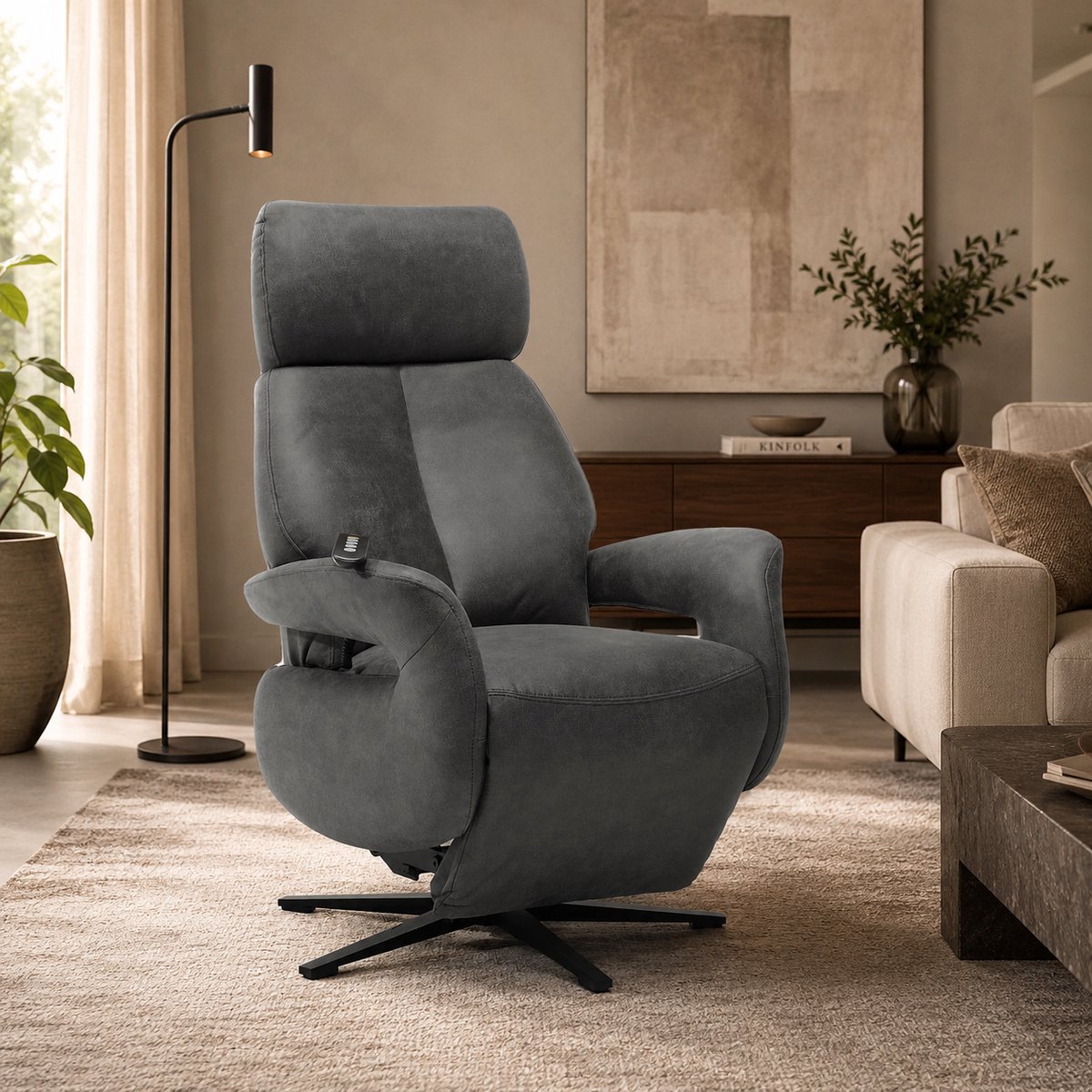 Relaxfauteuil Milo – Microleder – Sta-op stoel - Elektrisch Verstelbaar – Met Accu – 2 Motoren – 360° Draaibaar – Antraciet