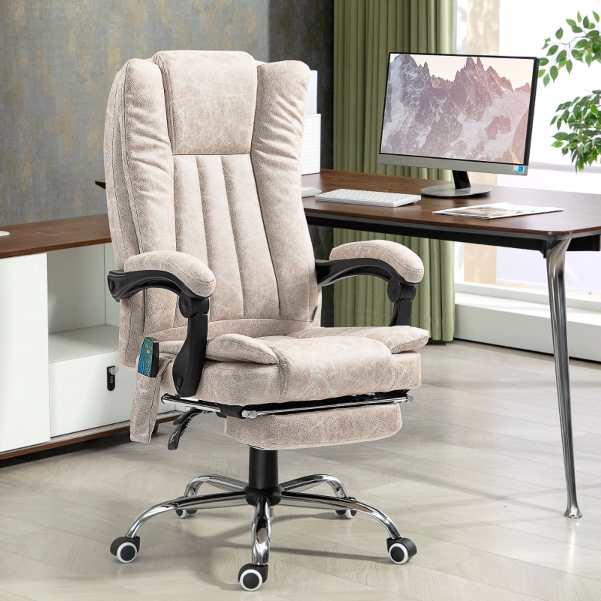 Ergonomische-Bureaustoel-Massage-En-Verwarming-Met-Voetensteun-Microvezel-360°-Draaistoel-Verstelbare-Hoogte-135°-Recliner-Office-Chair-Crème