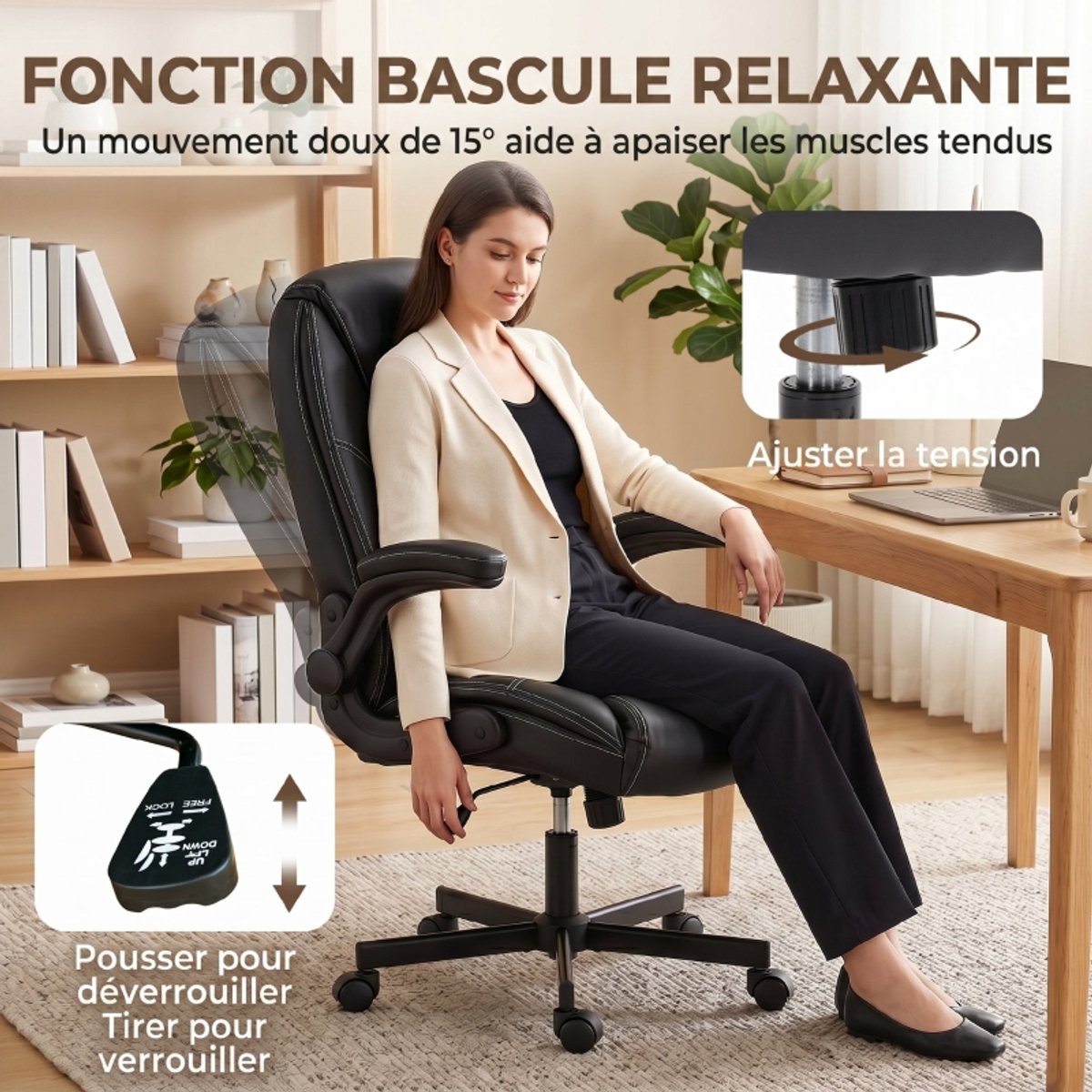 Ergonomische-Bureaustoel-PU-Leren-Office-Chair-Verstelbare-Hoogte-Opklapbare-Armleuningen-Schommelfunctie-Hoge-Rugleuning-Zwart-Comfortabele-Home-Office-Stoel