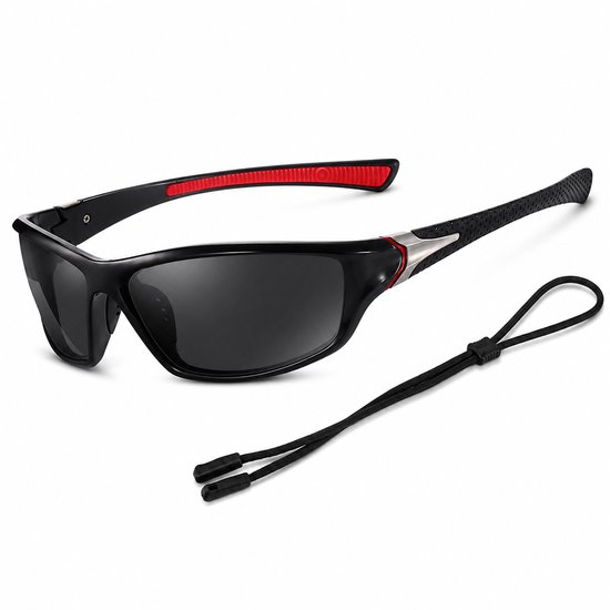 Gepolariseerde Sportzonnebril voor Heren - UV400 Bescherming Fietsbril en Hardloop Zonnebril - Ultralichte Visserszonnebril met Antislip PC Montuur - Inclusief Brillenband en Etui - Zwart frame, zwarte poten, grijze afwerking — afbeelding 2