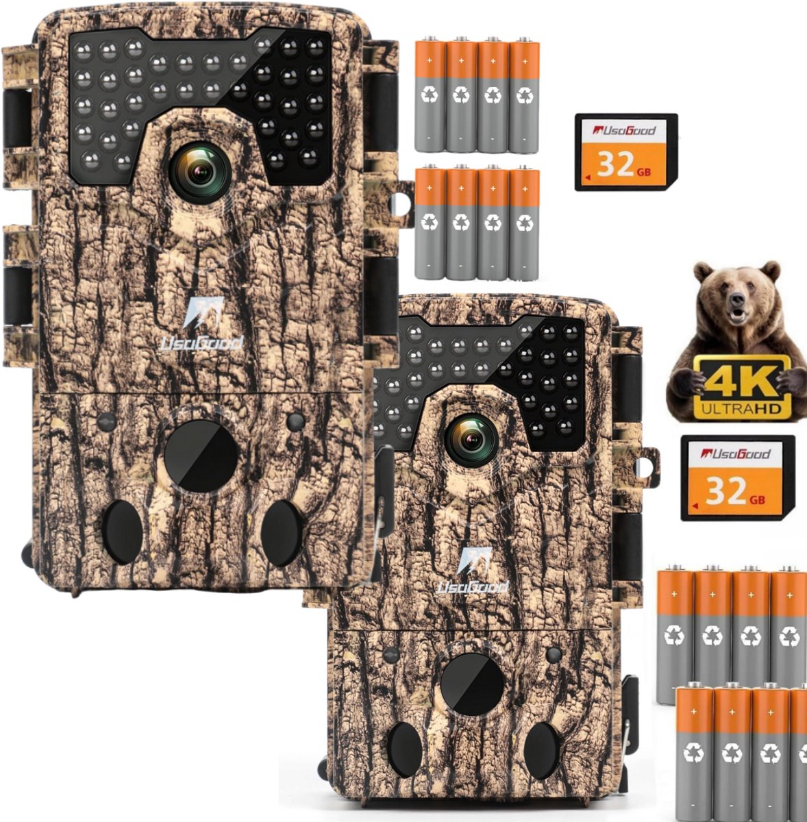 Usogood Wildcamera met Nachtzicht voor Buiten - 4K Ultra HD 48MP - Incl. 32GB SD & 8 Batterijen - 2.0" SchermIncl - Trail Camera - Wildcamera voor Buiten / Wildlife Camera - Geel - 2 Stuks