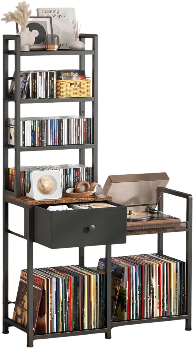 SNJY® Platenspeler Meubel - Platenspeler Kast - LP Houder - Platenhouder - 30D x 81,5B x 145H cm - Zwart/Bruin